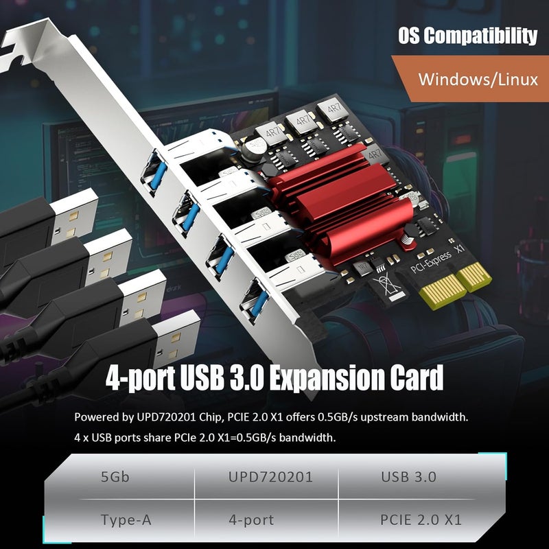 GLOTRENDS U3044BG بطاقة توسيع PCIe 4-Port USB 3.0 Type-A 5Gb، حوامل عادية ومنخفضة، متوافقة مع ويندوز ولينكس (لا تدعم ماك أو إس) - Image 3